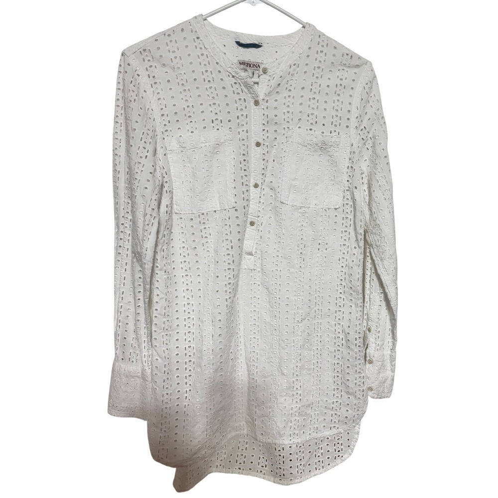 Merona White Eyeletâ Tunic Top Henley Long Sleeve Boho Blouse Medium